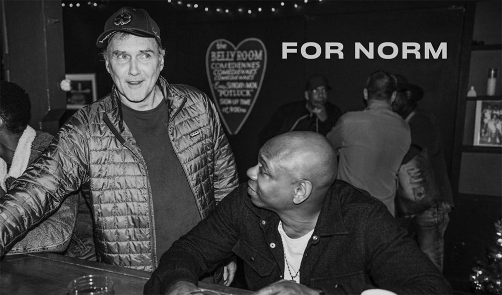 a black and white photo of dave chapelle beside norm macdonald, beneath the text "FOR NORM"